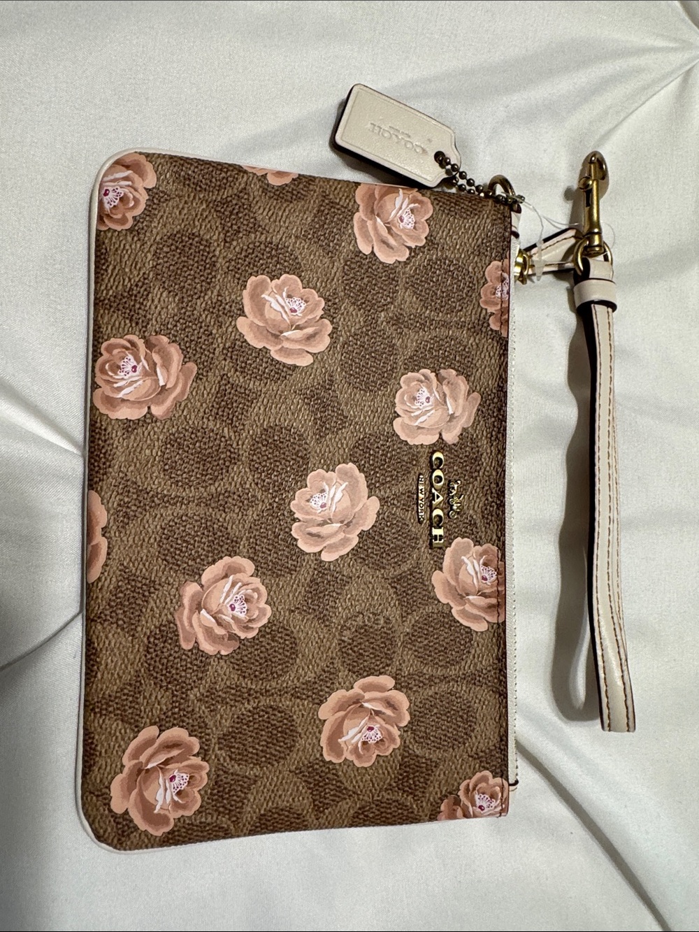 NWT Coach Brown Signature Wristlet with Blush Floral Print
